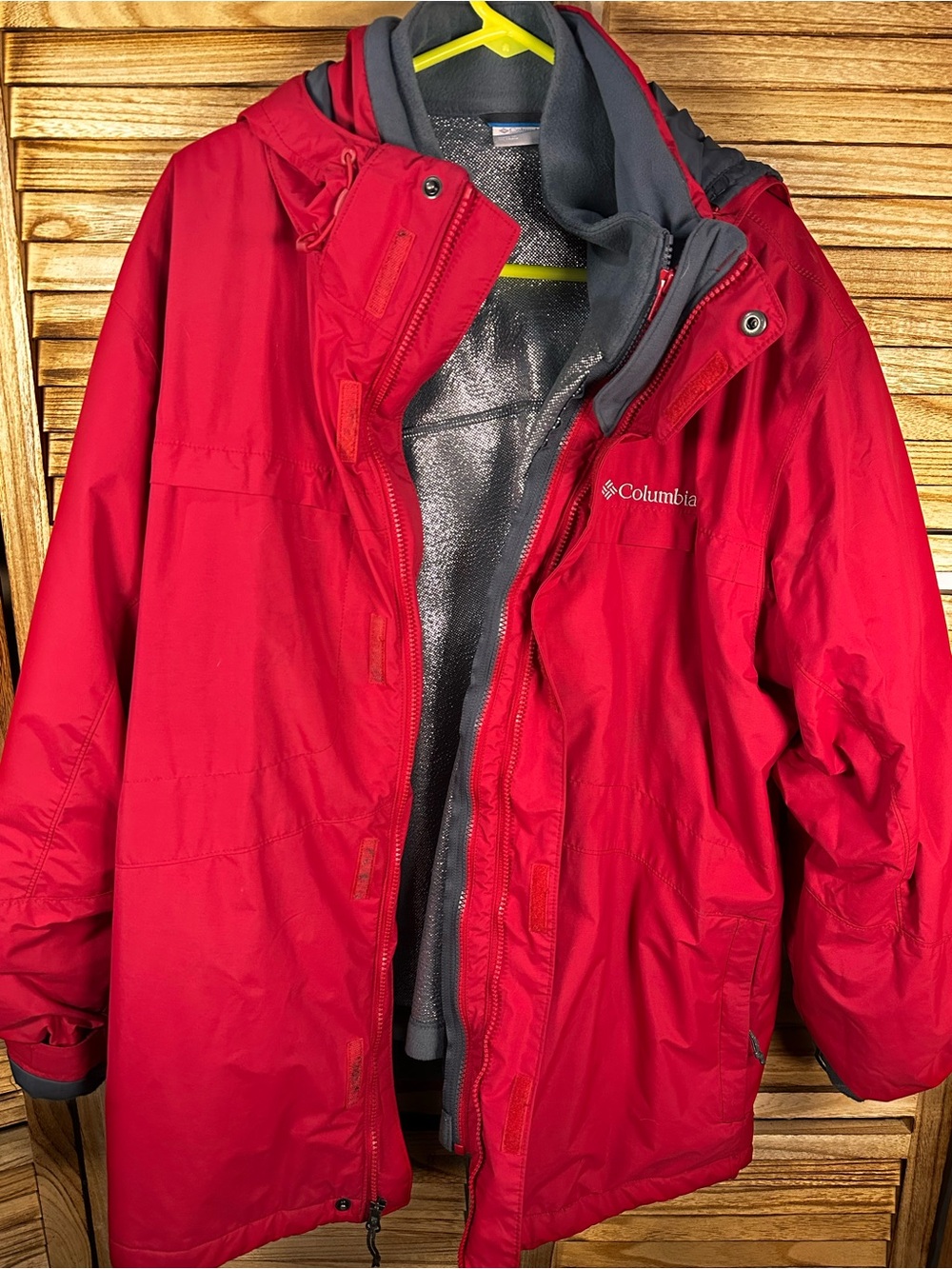 Columbia Red Hooded Waterproof Puffer Jacket with Gray Liner